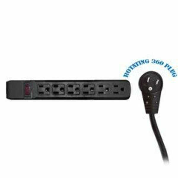 Swe-Tech 3C Surge Protector, Flat Rotating Plug, 6 Outlet, Black Horizontal Outlets, Plastic, Power Cord 6 foot FWT51W1-12206